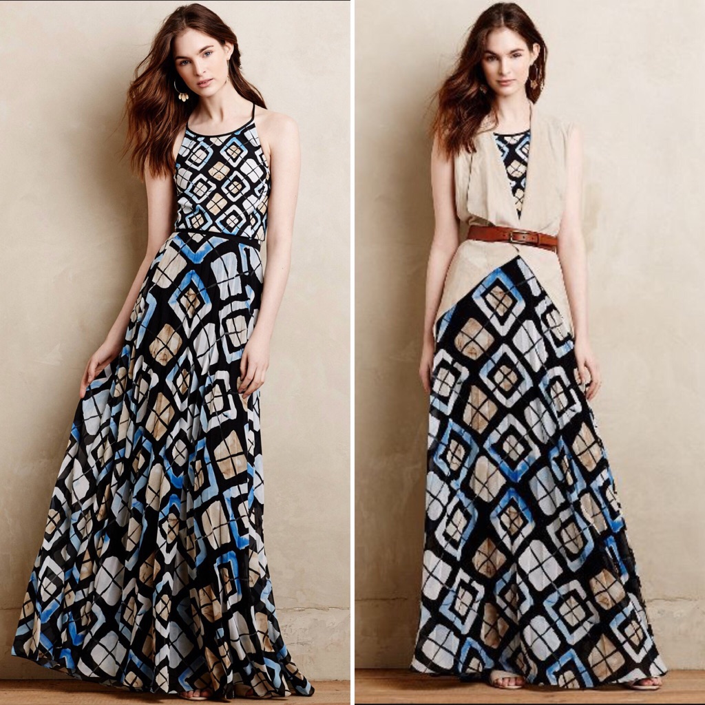 Anthropologie Black, Blue & Cream Geometric Maxi Dress